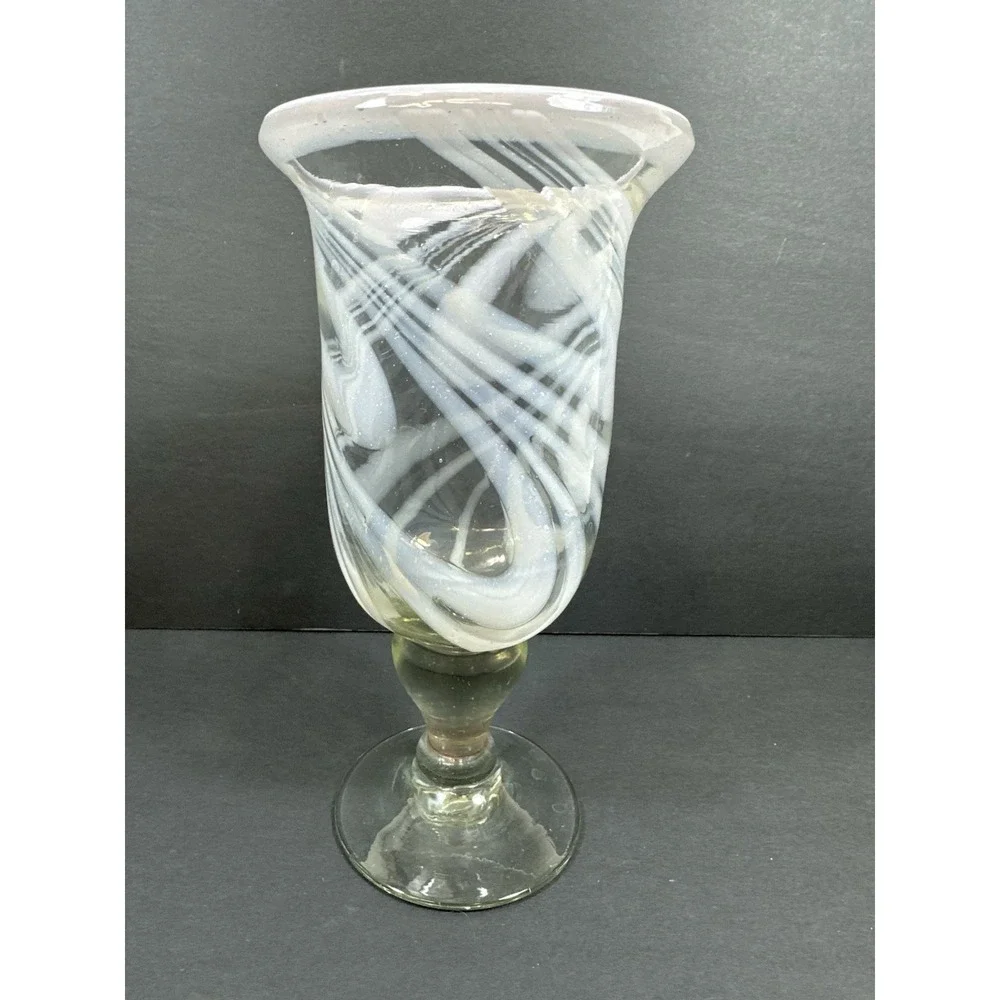 Hurricane/Celery Pedestal Vase/Goblet Pink Opaque Cloudy Swirl 7.75